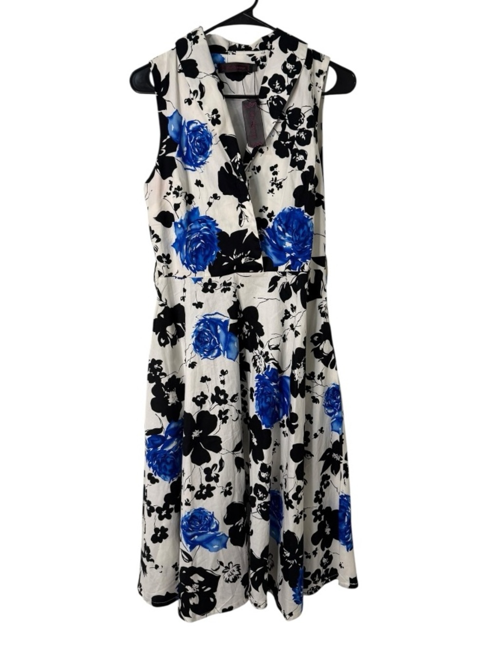 Boflyyang Floral Fit Flare Midi Dress Blue White Black Sleeveless NWT Size L